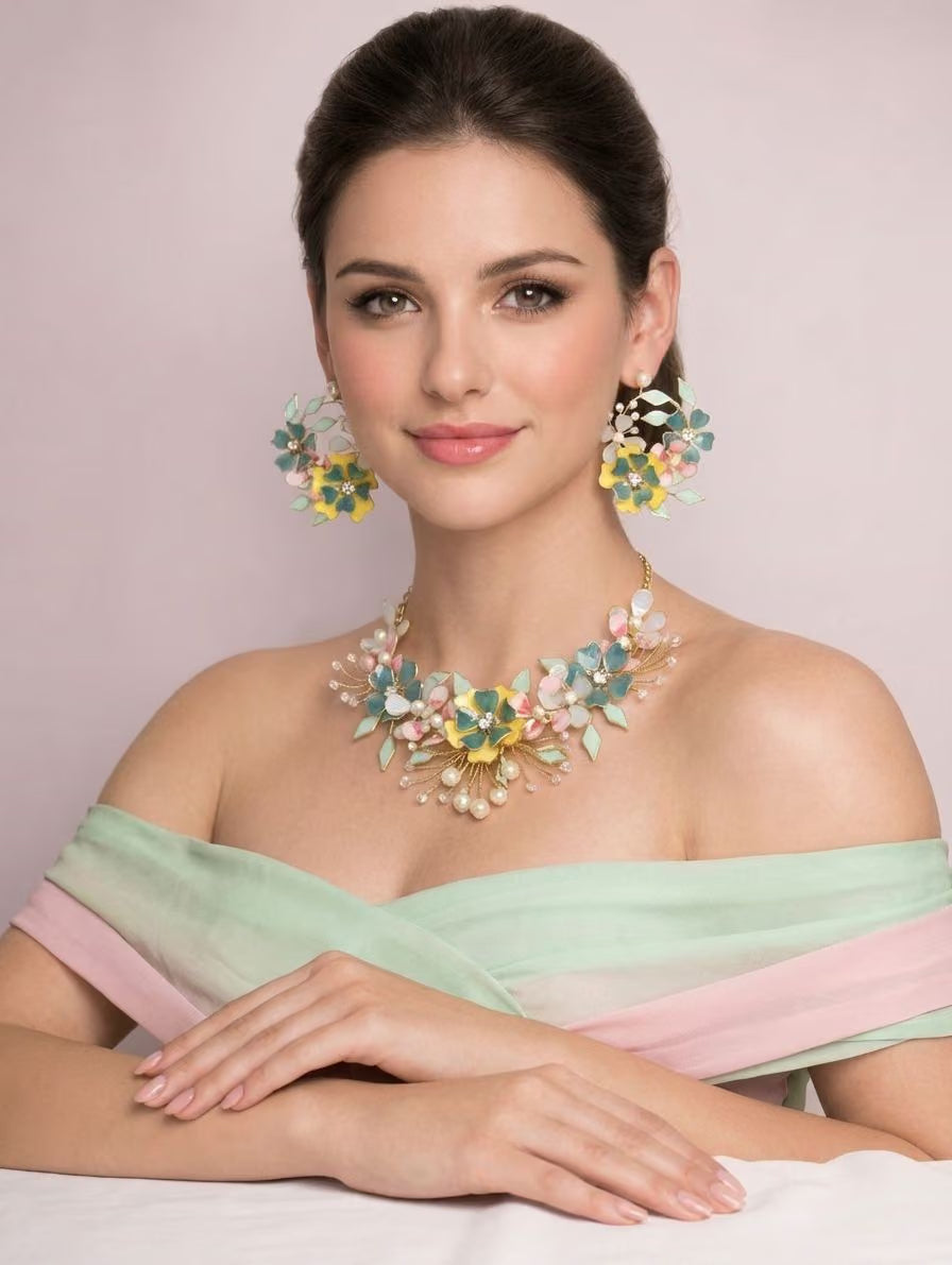Flora Floral Resin Jewelry Set in Yellow-Green