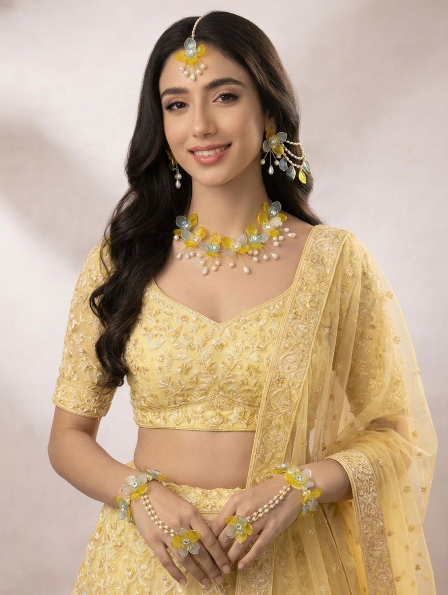 Sunshine Blooms: Yellow and Sky-Blue Floral Acrylic Bridal Jewellery Set, Handcrafted for Haldi-Mehndi Celebrations