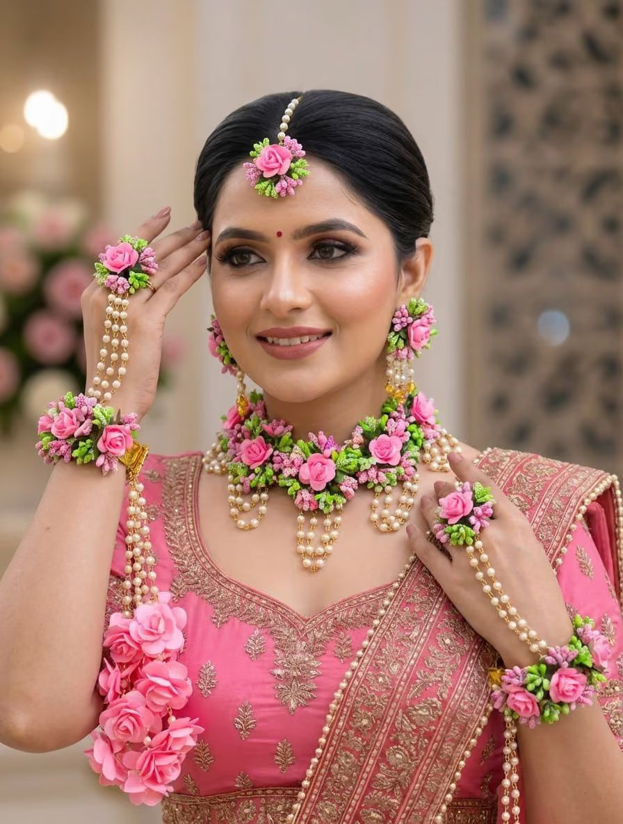Pink-Green Multicolor Flower  Bridal Jewellery Set with Kaliras for Haldi and Mehandi