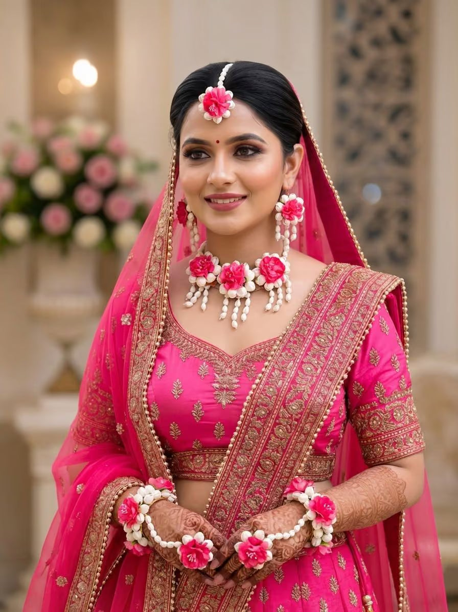 White-Pink Floral Fantasy Minimalist Haldi Mehndi Jewellery Set
