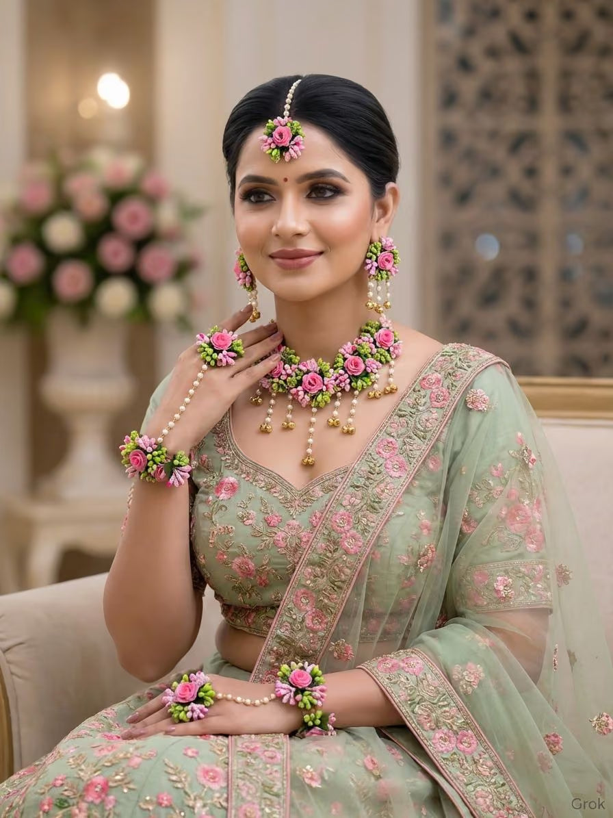 Pink-Green Artificial Floral Jewellery Set for Haldi, Mehndi