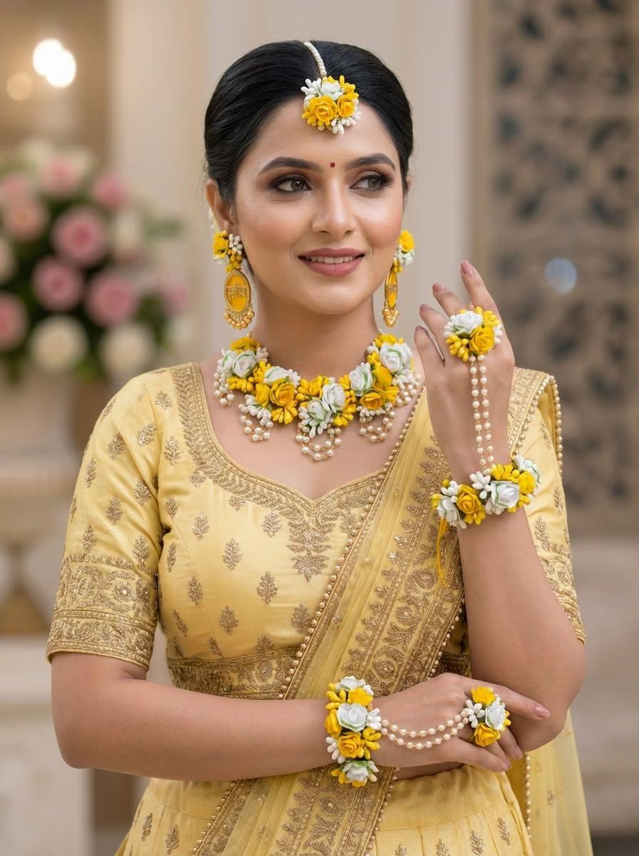Yellow-White Dulhaniya Floral Haldi-Mehndi Jewellery Set for haldi-Mehndi