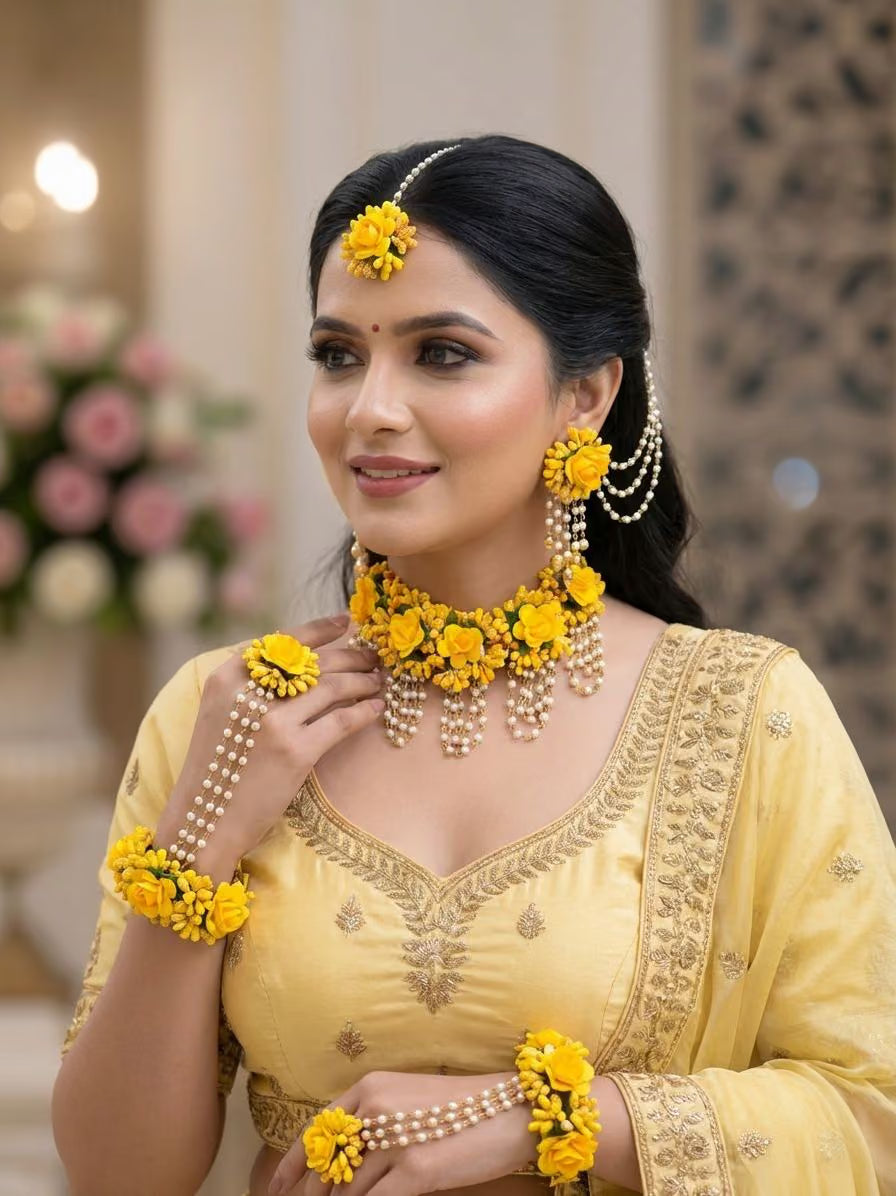 Yellow Floral Haldi/Mehndi/Baby Shower Bridal Jewellery Set