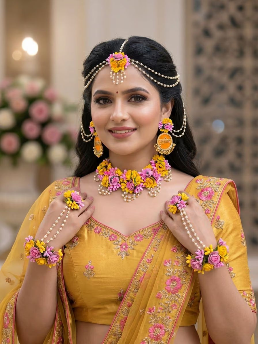 Pink-Yellow Floral Dulhaniya Haldi-Mehndi Jewellery Set for wedding