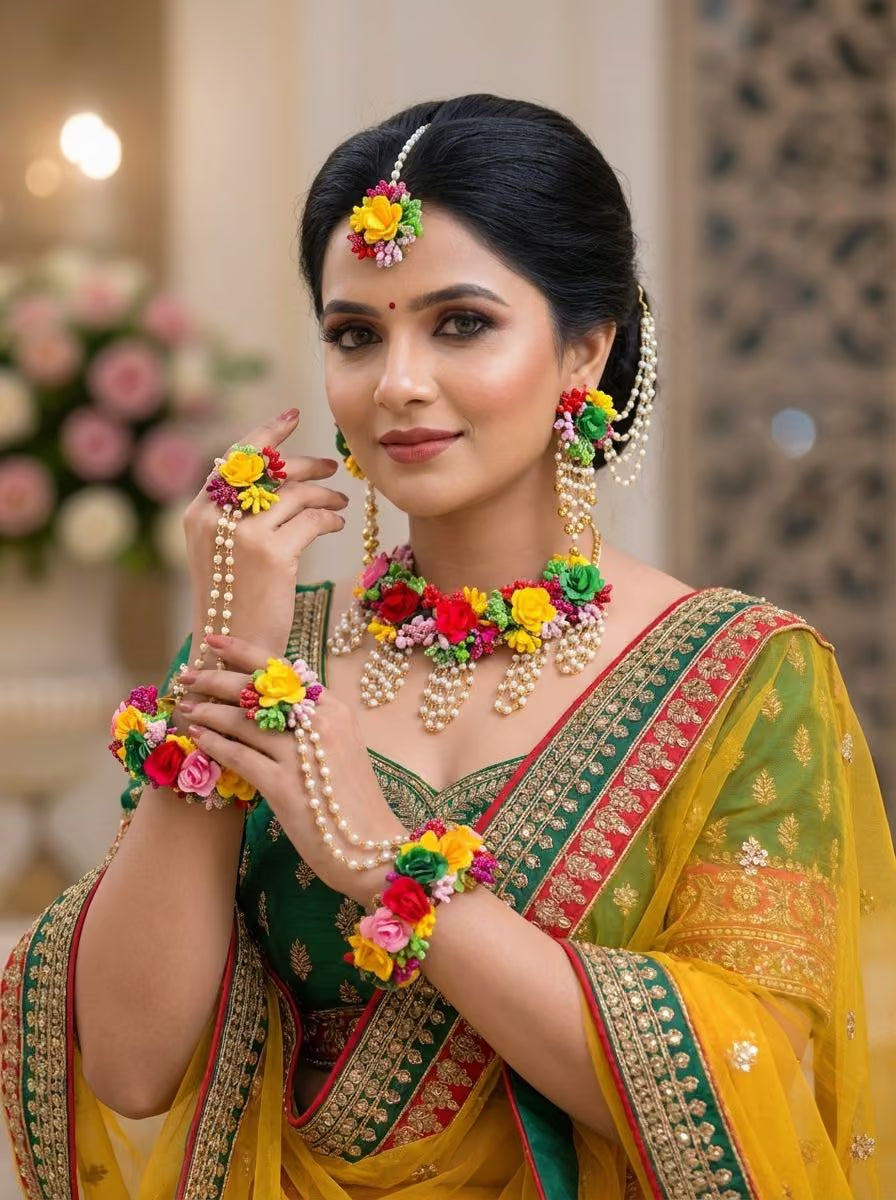 Multicolored Floral Haldi-Mehndi Bridal Jewelry Set for Brides