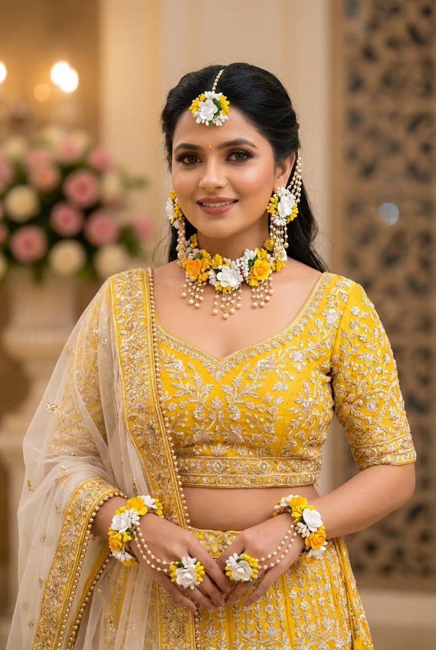 Yellow & White Floral Haldi Mehndi Bridal Jewelry Set