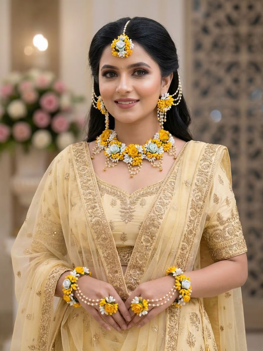 Yellow & White Floral Haldi-Mehndi Jewellery Set for Women with Multilayer Earrings