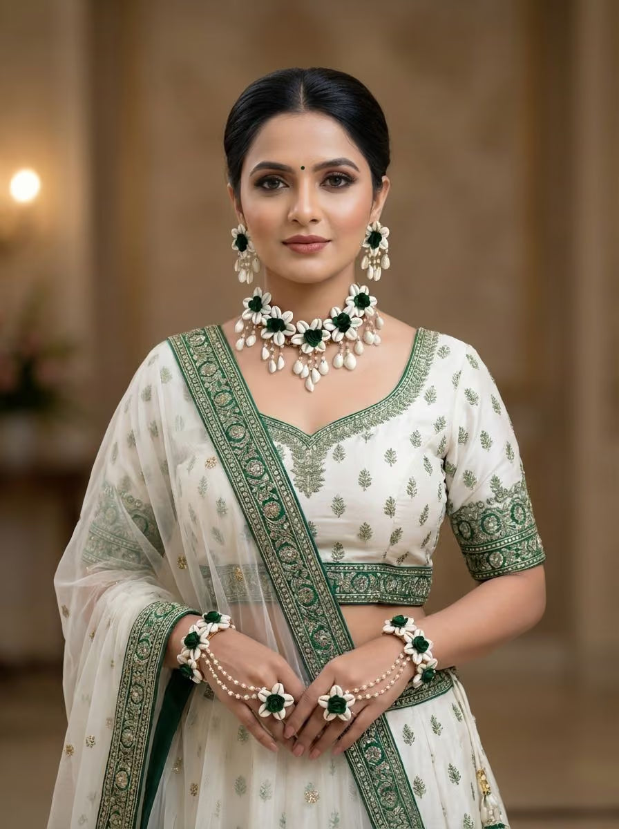 Green Floral Cowrie Sea Shell Jewellery Set For Haldi & Mehndi