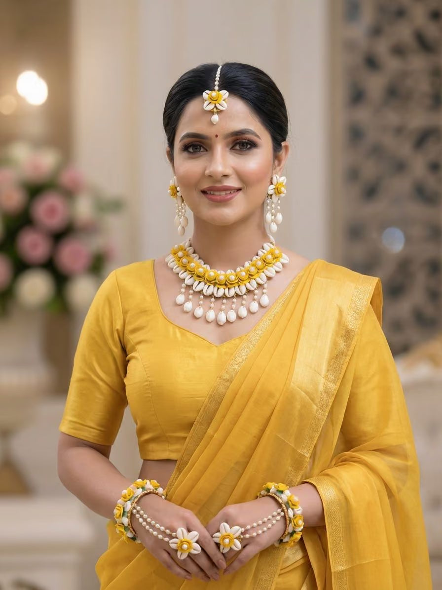 Yellow Floral and Cowrie Shell Bridal Jewellery Set for Haldi