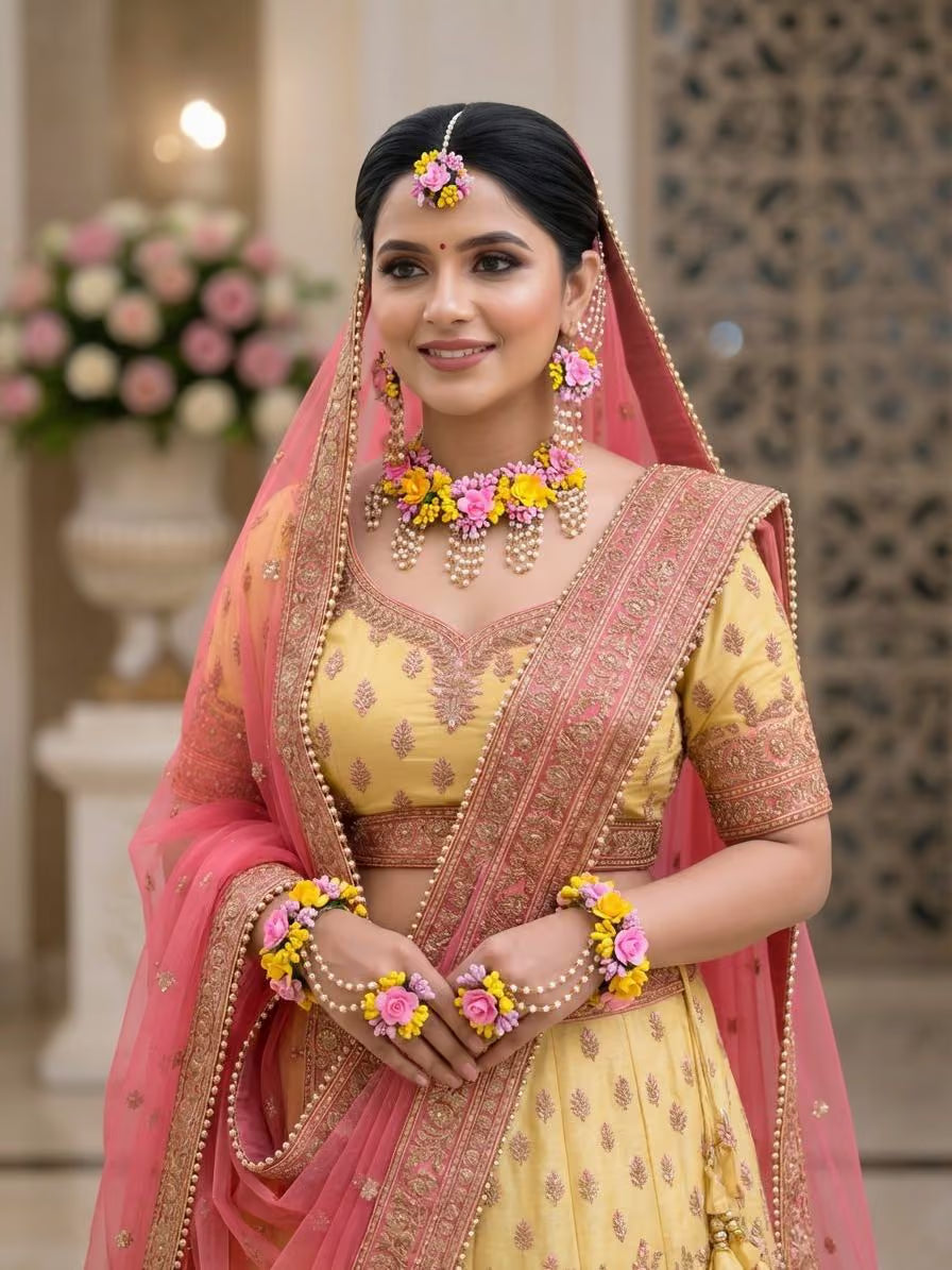 Yellow-Pink Haldi-Mehndi Floral Jewellery Set for Women