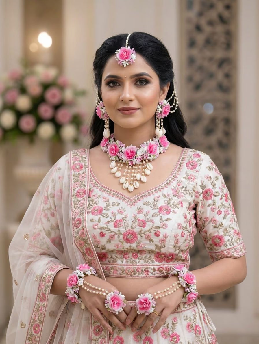 Pink-White Floral Bridal Jewellery for Haldi & Mehndi