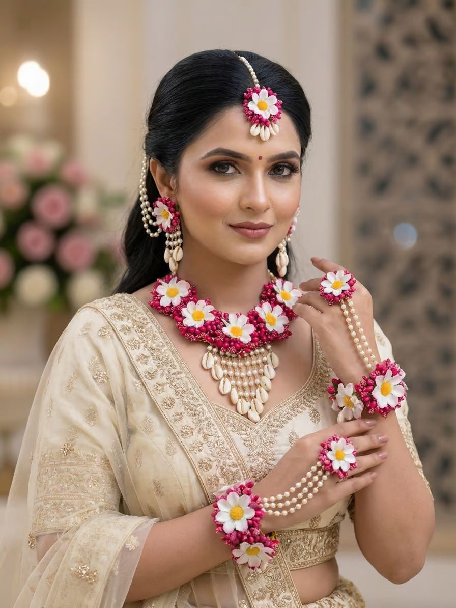 Pink Floral Extravaganza Haldi Mehndi Jewellery Set for Weddings