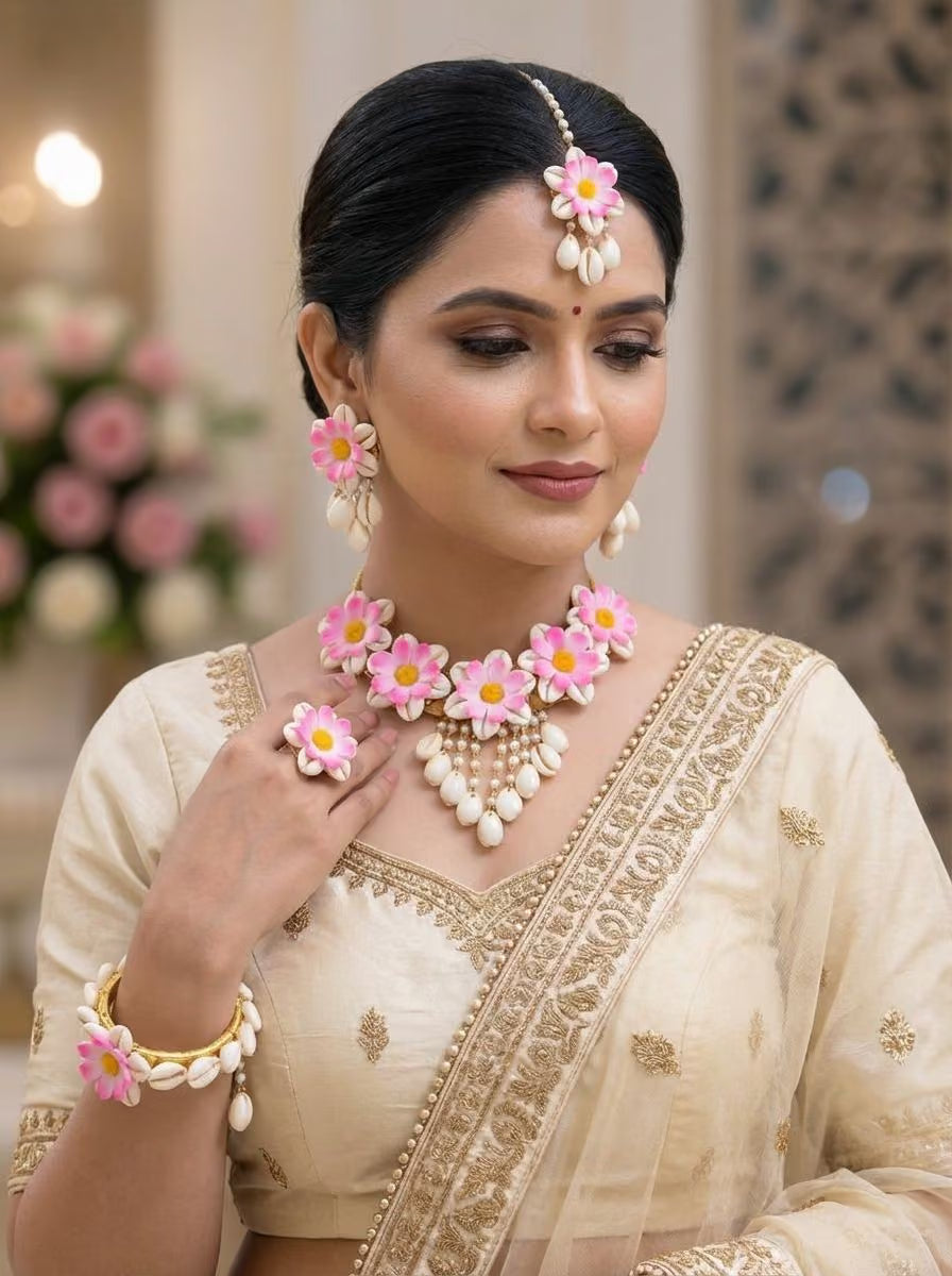 Pink Flower Cowrie Shell Jewellery Set for Haldi and Mehndi Occasions