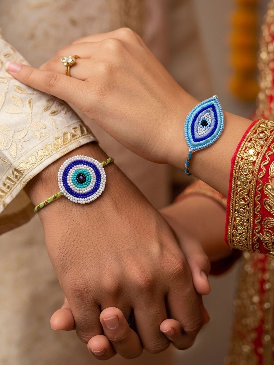 Handmade Blue Nazar Rakhi 2026 Combo for Brother & Bhabhi – Adjustable Beaded Set