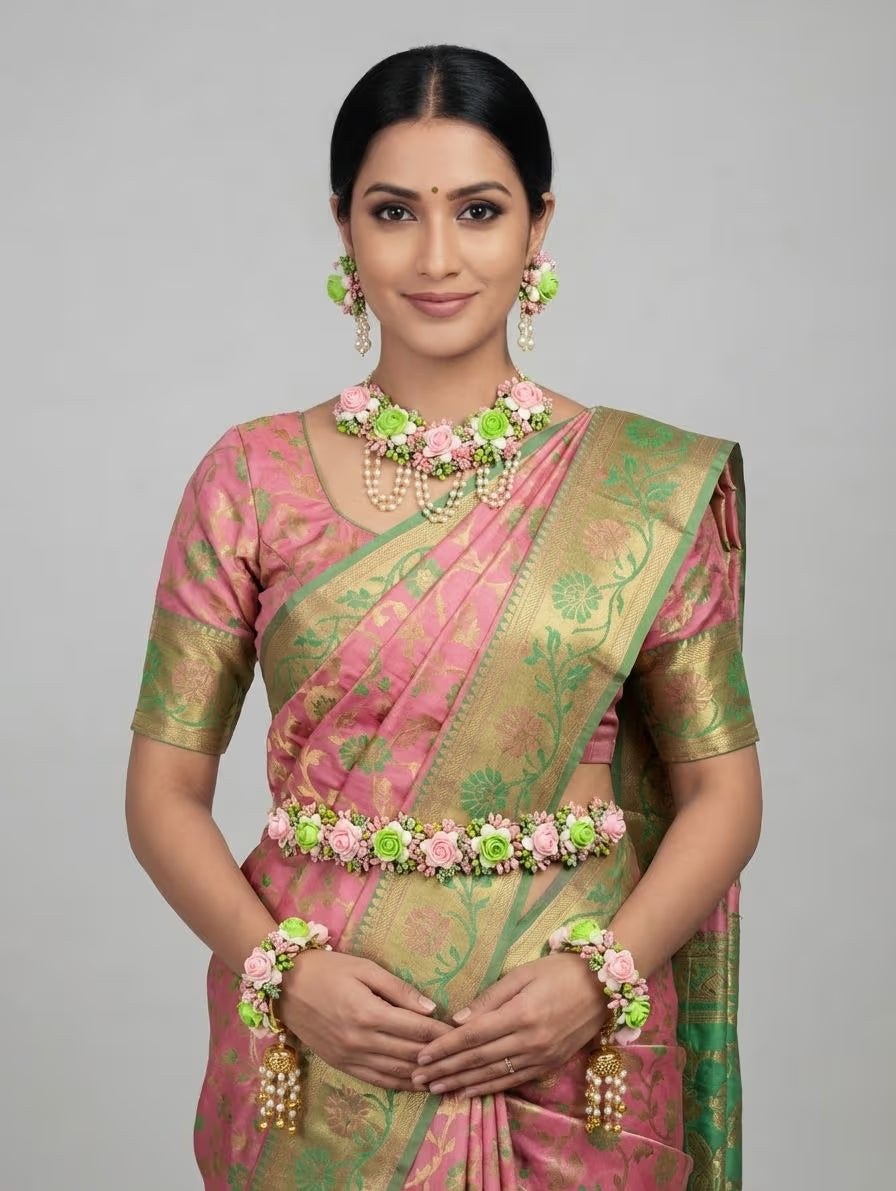 Green-Pink Floral Jewellery Set for Baby Shower & Haldi