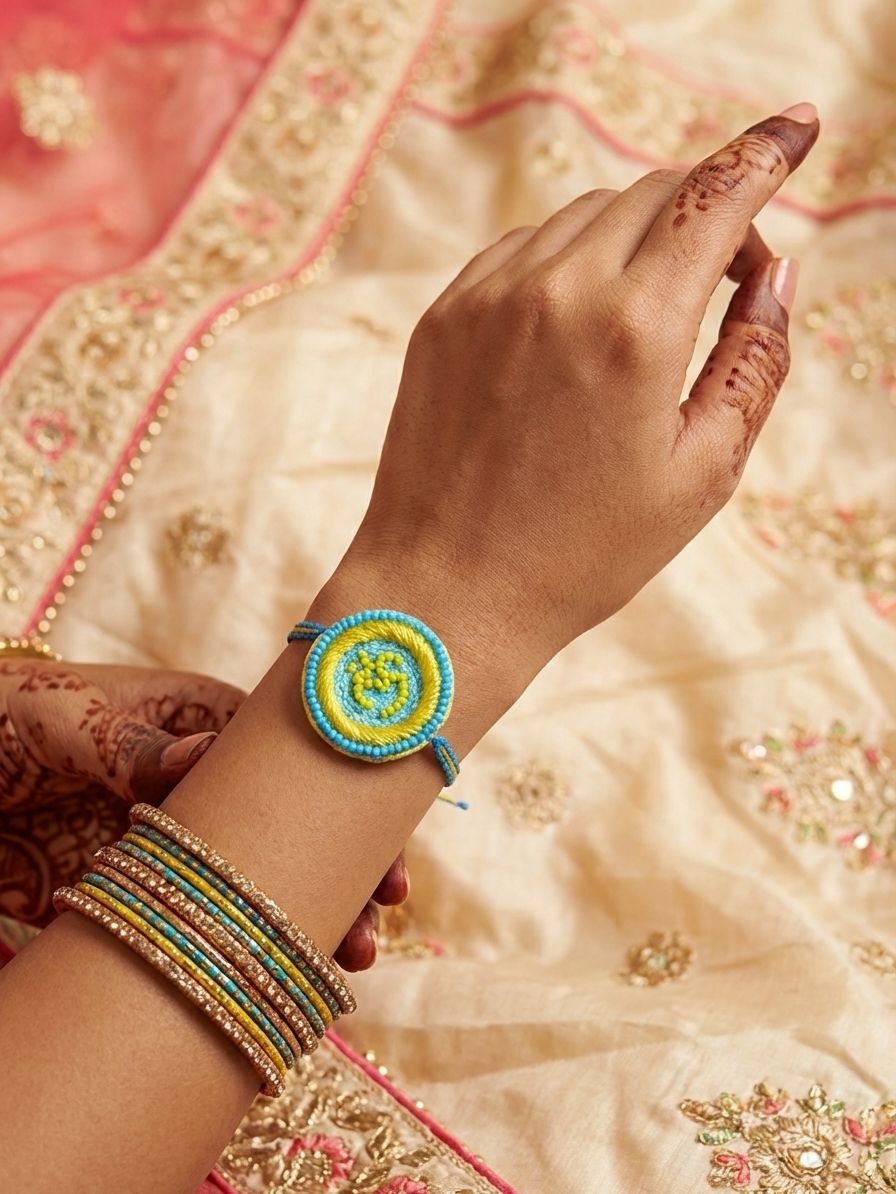 Handmade Sky-Blue OM Rakhi Set for Brother & Bhabhi – Latest Rakhi 2026