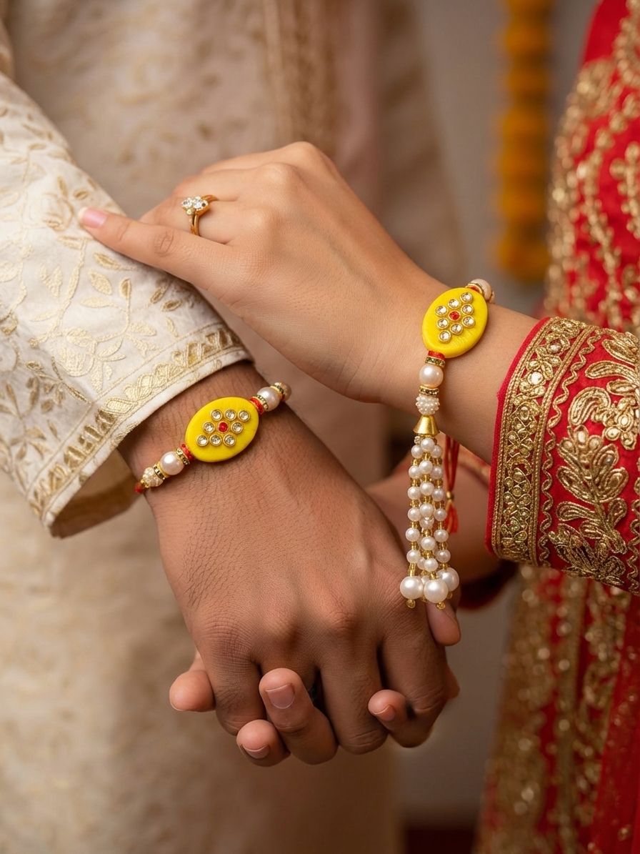 Handmade Bhaiya Bhabhi Rakhi Set: Kundan & Pearl Decor