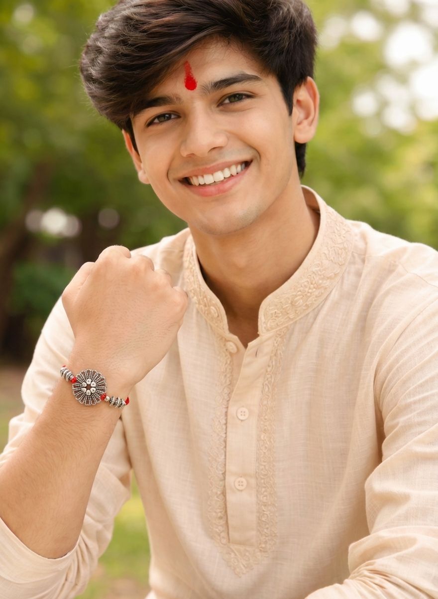 Oxidised Silver Floral Rakhi for Brothers - Handcrafted Spiritual Charm