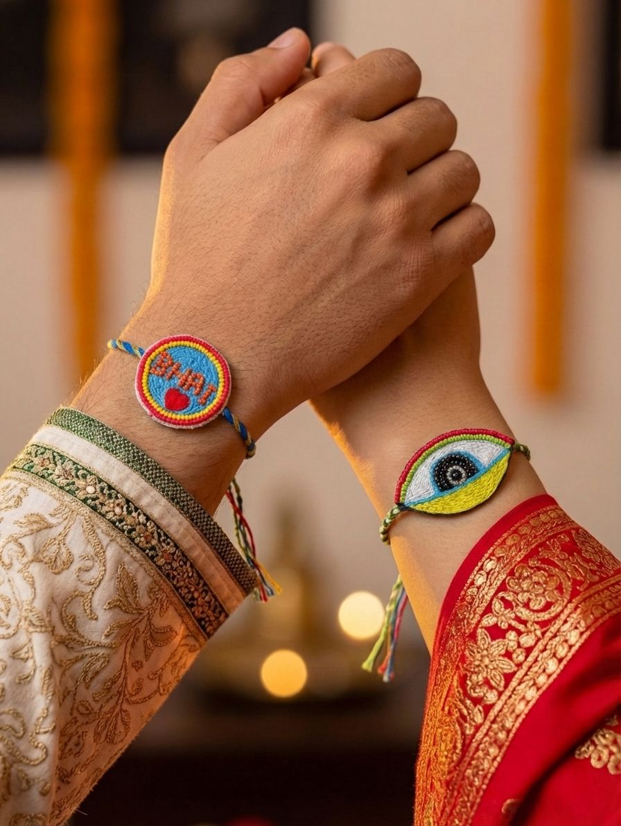 2026 Bhaiya-Bhabhi Evil Eye Handmade Rakhi Set – Adjustable, Trendy, Protective