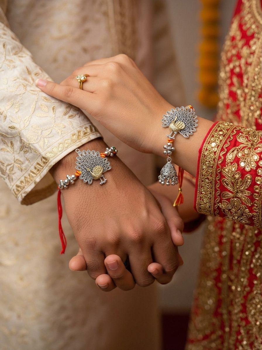 Oxidised Silver Peacock Bhaiya Bhabhi Rakhi Set of 2 2026