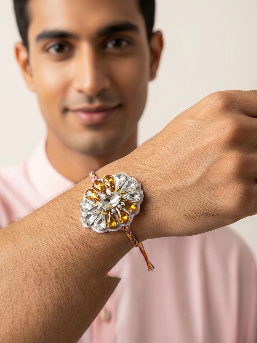 Handmade Multicolor Crystal Rakhi 2026 – Adjustable Thread for Brothers & Sisters