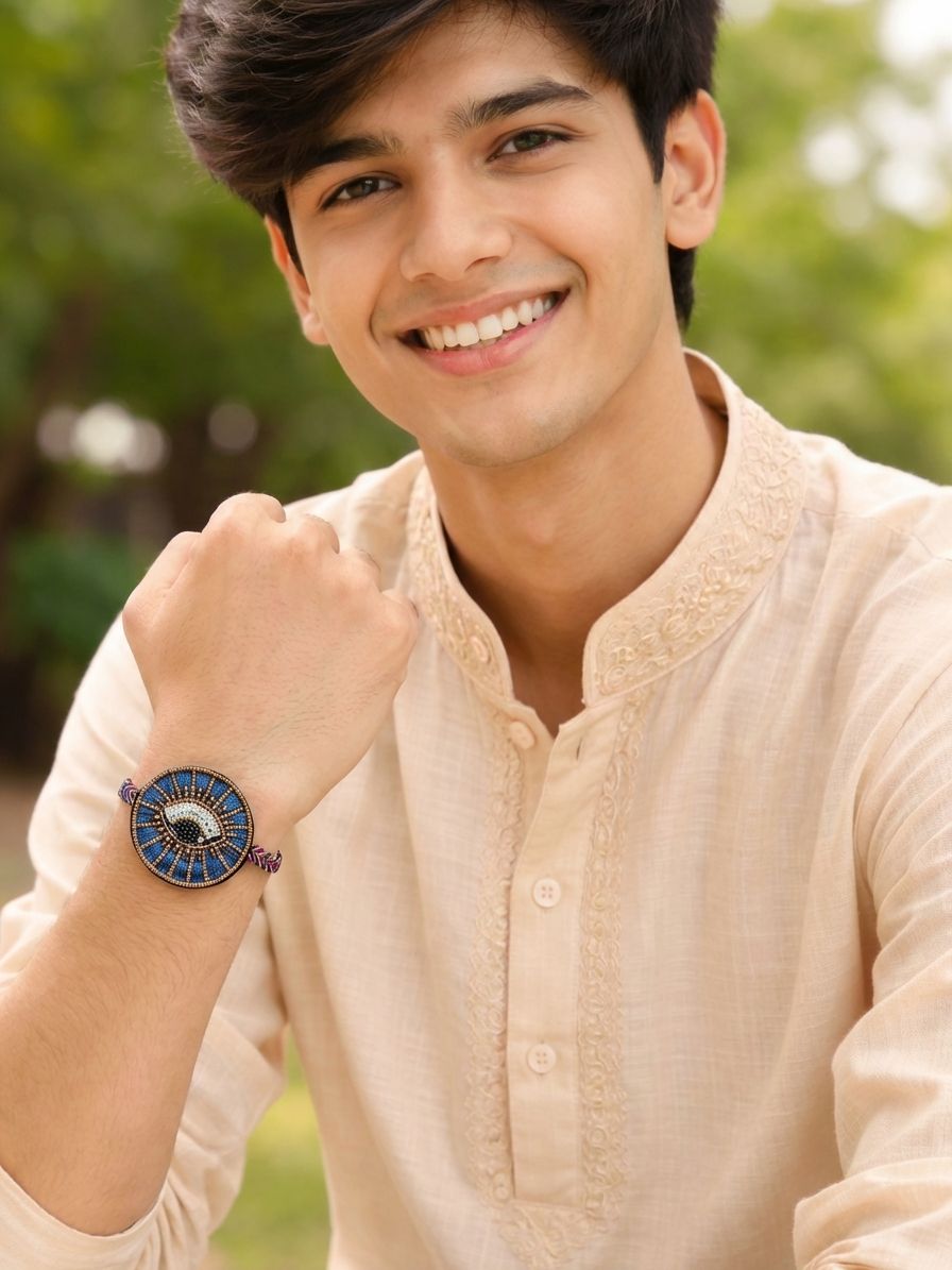 Handcrafted Evil Eye Blue Bracelet Rakhi for Brothers