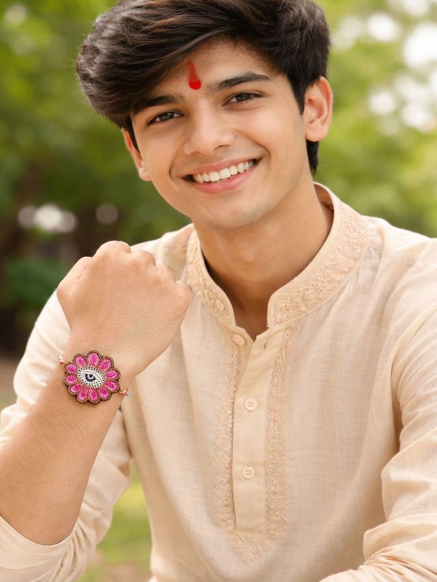 Handmade Pink Beaded Rakhi: Elegant Sibling Bond Token