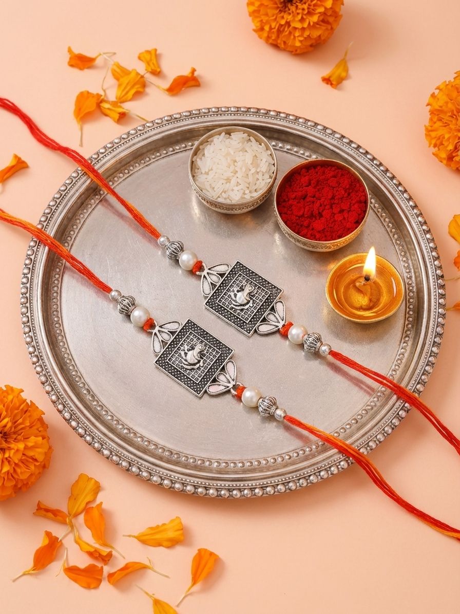 Twin Silver Oxidised Ganesh Rakhi Set of 2 for Brothers 2026