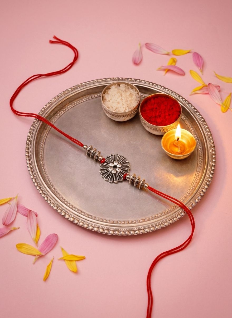 Oxidised Silver Floral Rakhi for Brothers - Handcrafted Spiritual Charm
