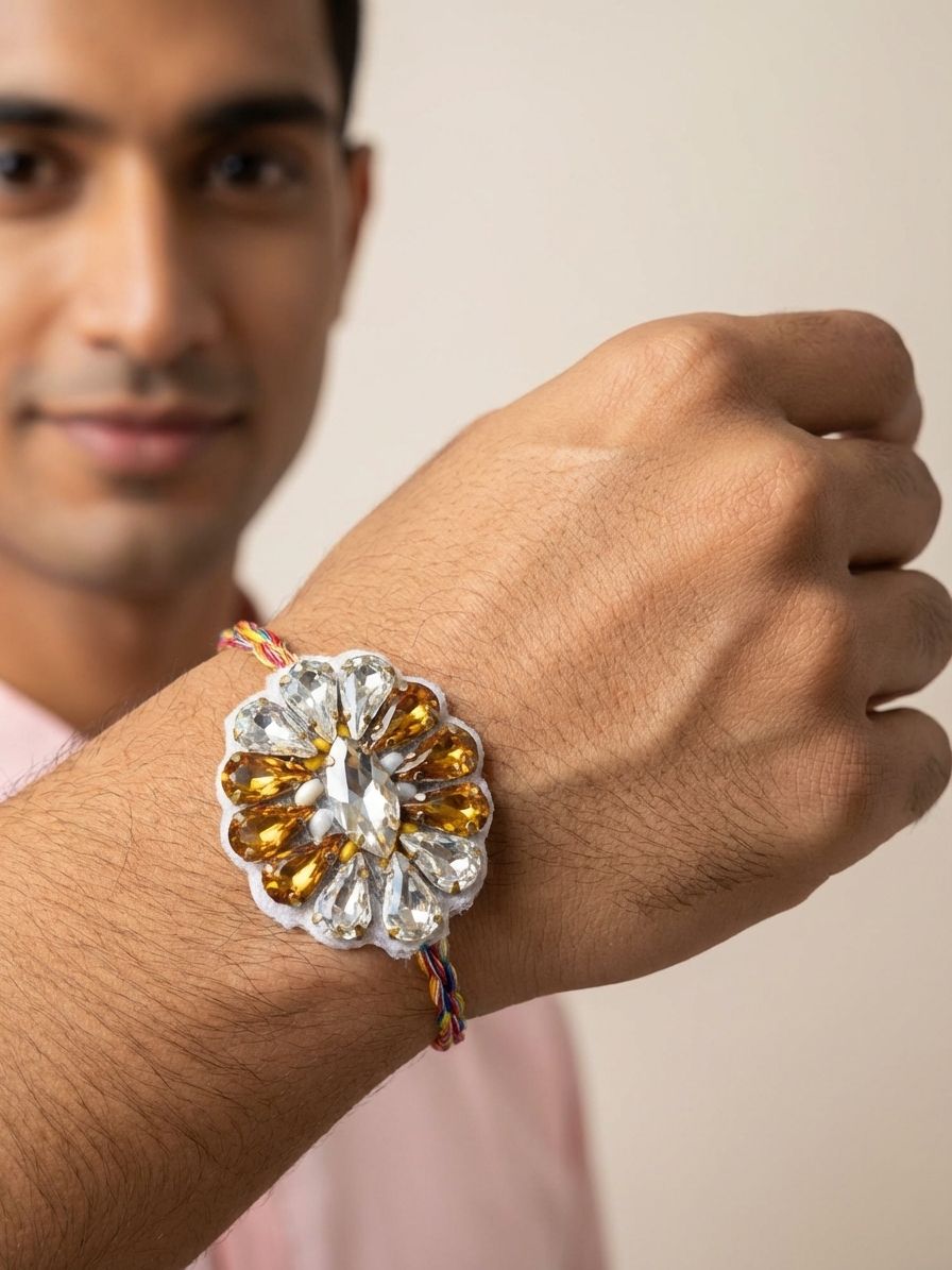 Handmade White Gold Crystal Rakhi 2026 Set for Brothers & Sisters-in-Law