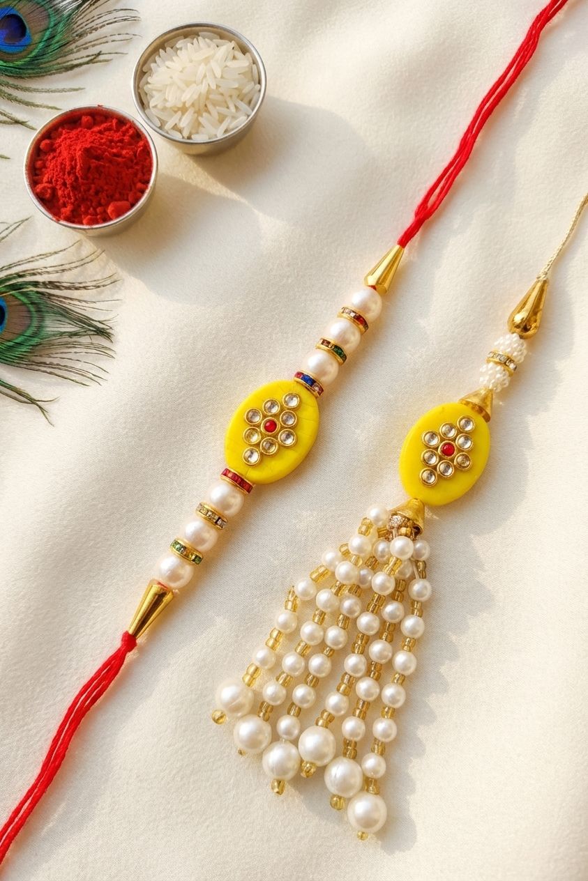 Handmade Bhaiya Bhabhi Rakhi Set: Kundan & Pearl Decor