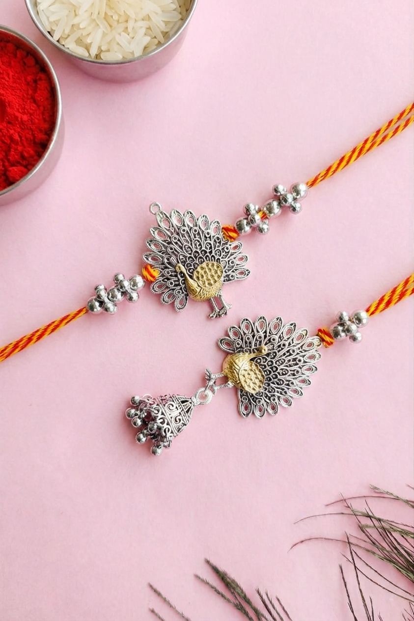 Oxidised Silver Peacock Bhaiya Bhabhi Rakhi Set of 2 2026