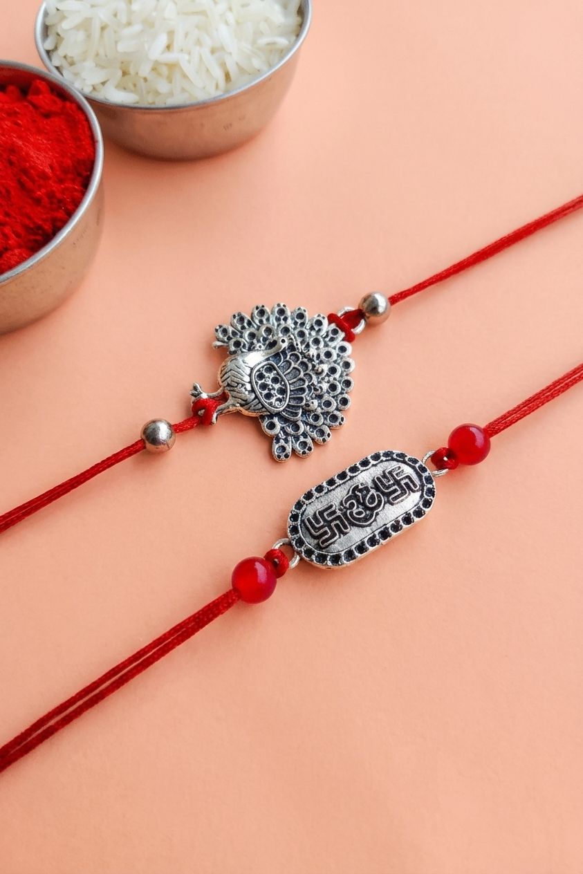Oxidised Silver Peacock Om Rakhi 2026 for Brother & Bhabhi Set