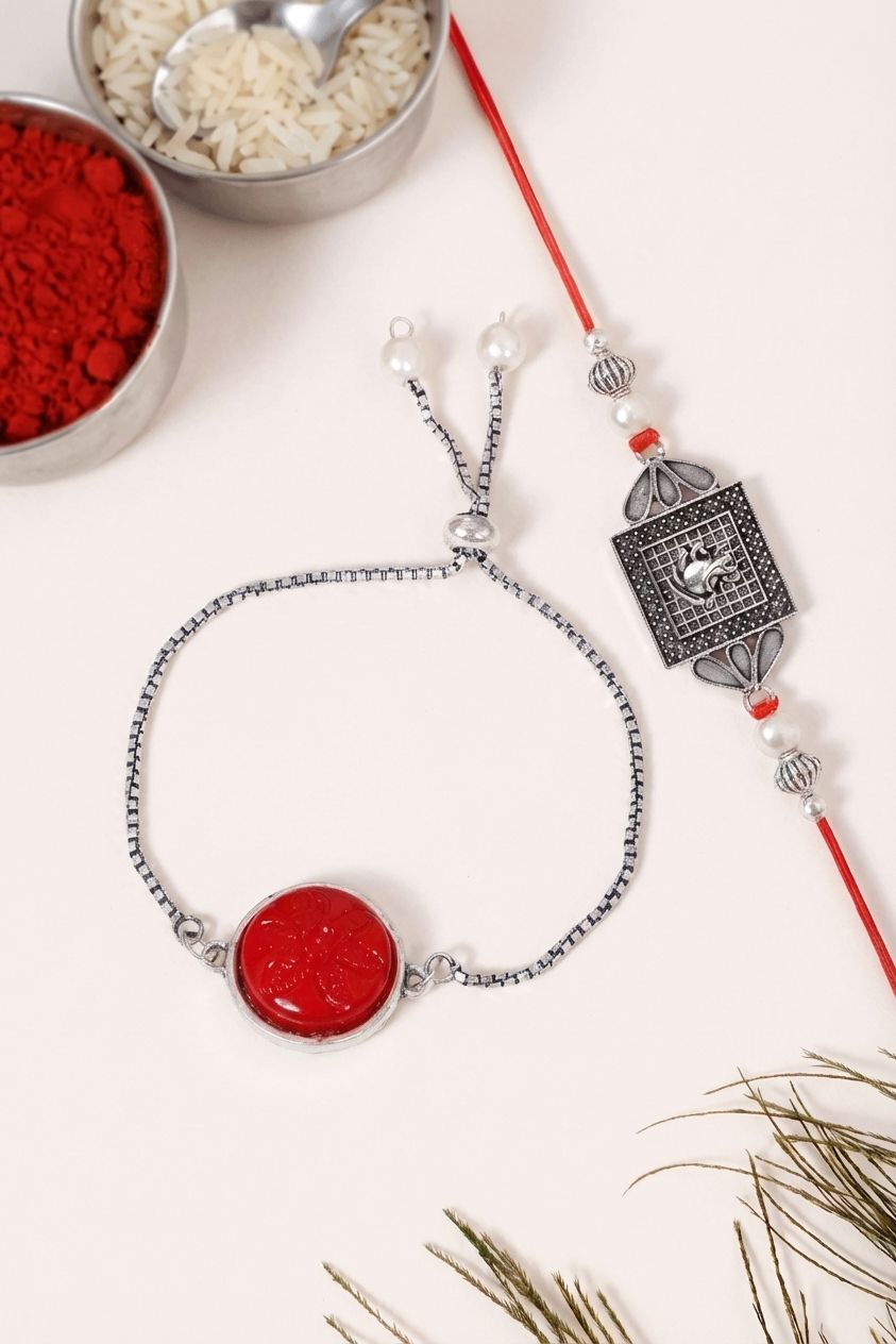 Traditional Oxidised Silver Rakhi Set - Bhaiya-Bhabhi