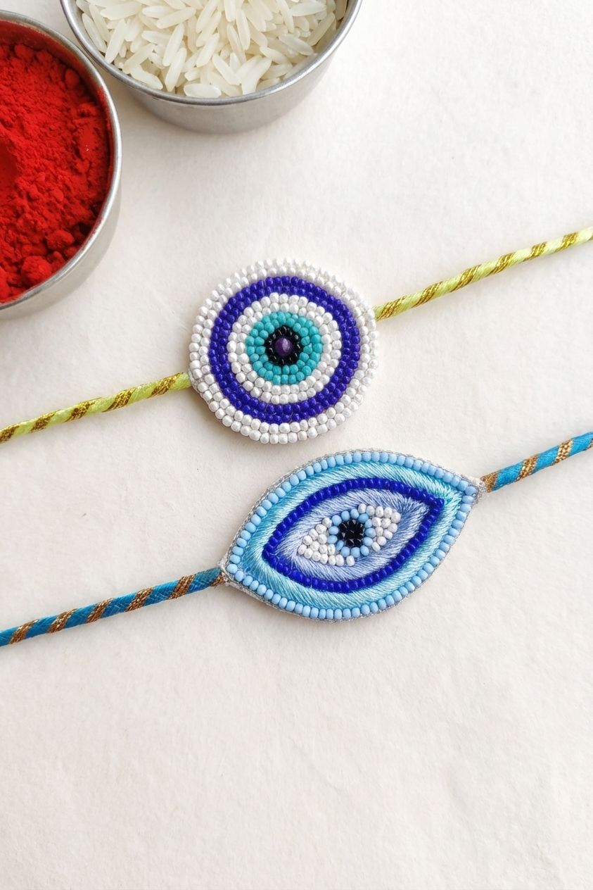Handmade Blue Nazar Rakhi 2026 Combo for Brother & Bhabhi – Adjustable Beaded Set