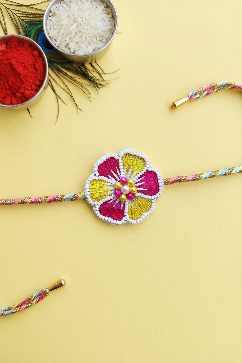 Handmade Pink Yellow Beaded Rakhi 2026 – Unique Floral Rakhi for Brothers