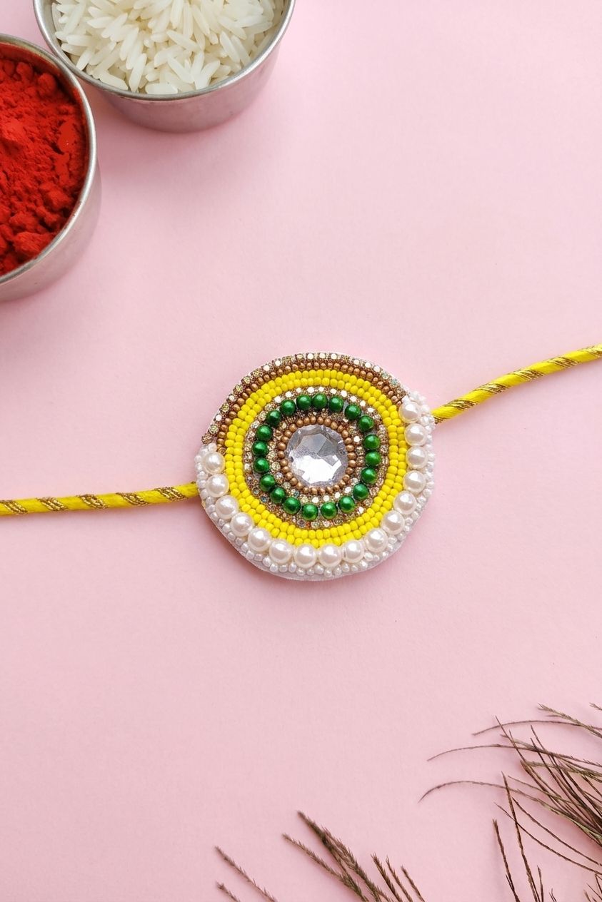 Handmade Beaded Rakhi 2026 – Bright Yellow Festival Bracelet for Brother