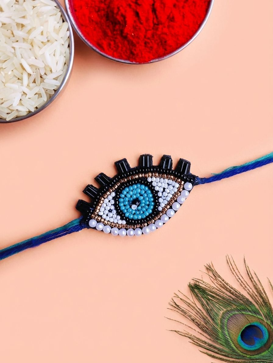 Handmade Evil Eye Rakhi 2026 White Blue Set for Brother & Bhabhi