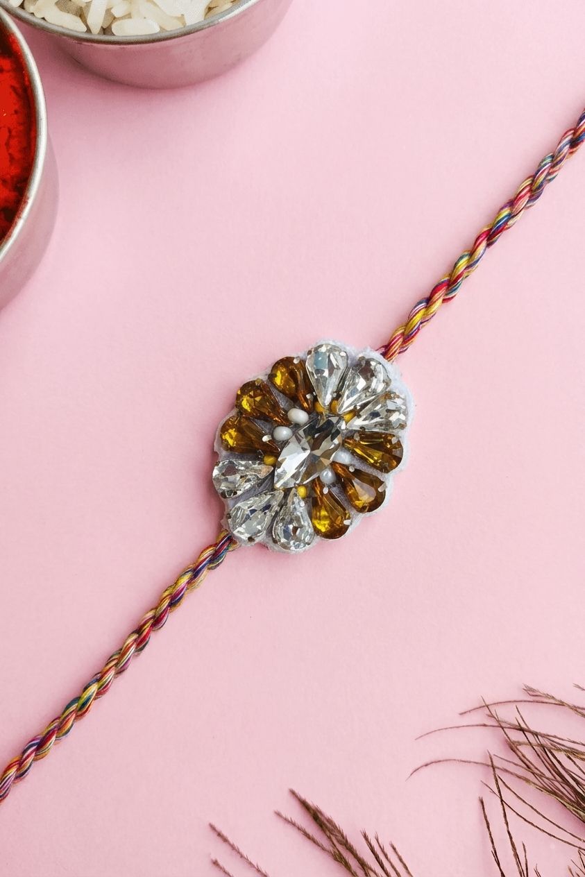 Handmade White Gold Crystal Rakhi 2026 Set for Brothers & Sisters-in-Law