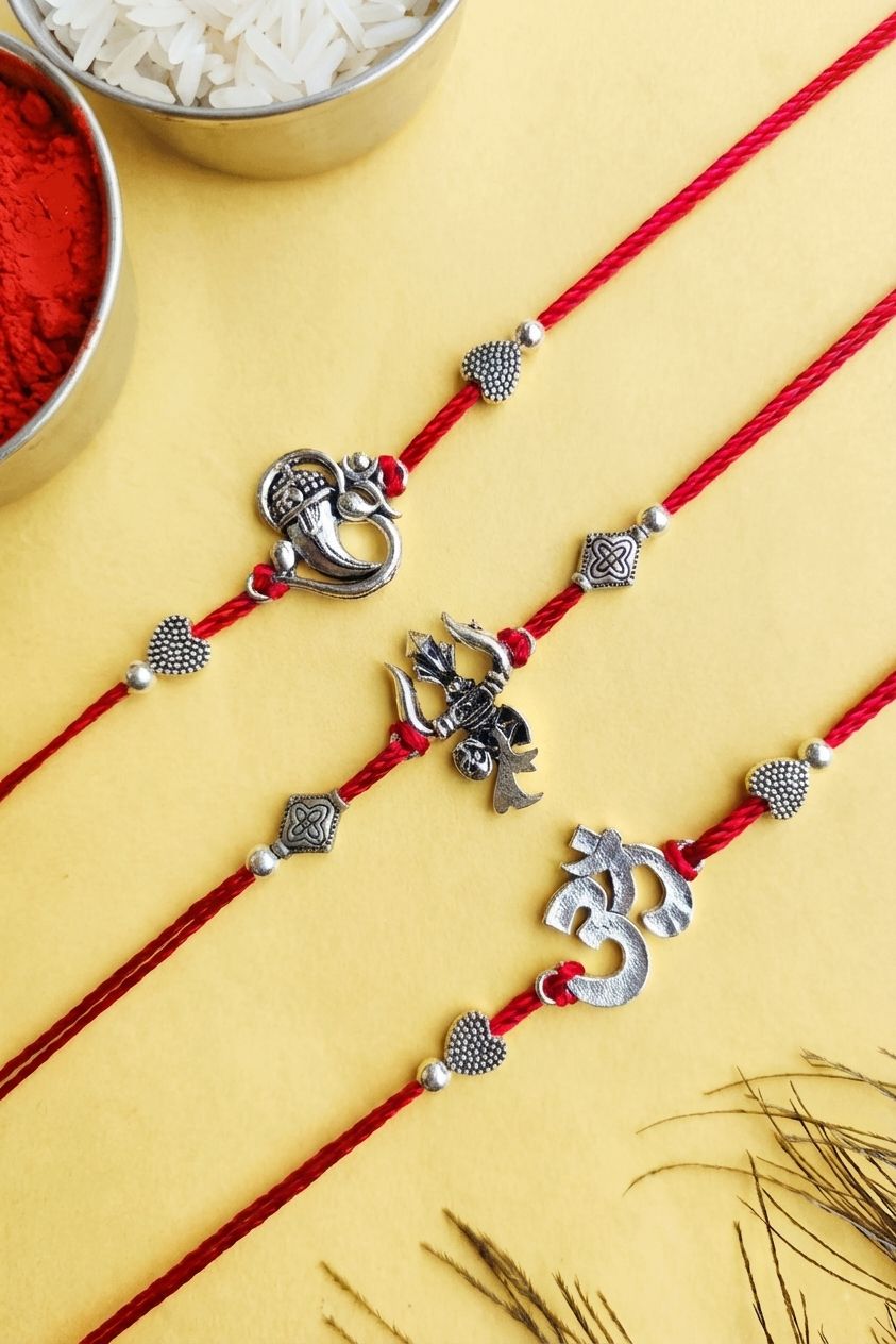 Handmade Om-Trishul Ganpati Oxidised Silver Rakhi Set of 3 for Rakhi 2026