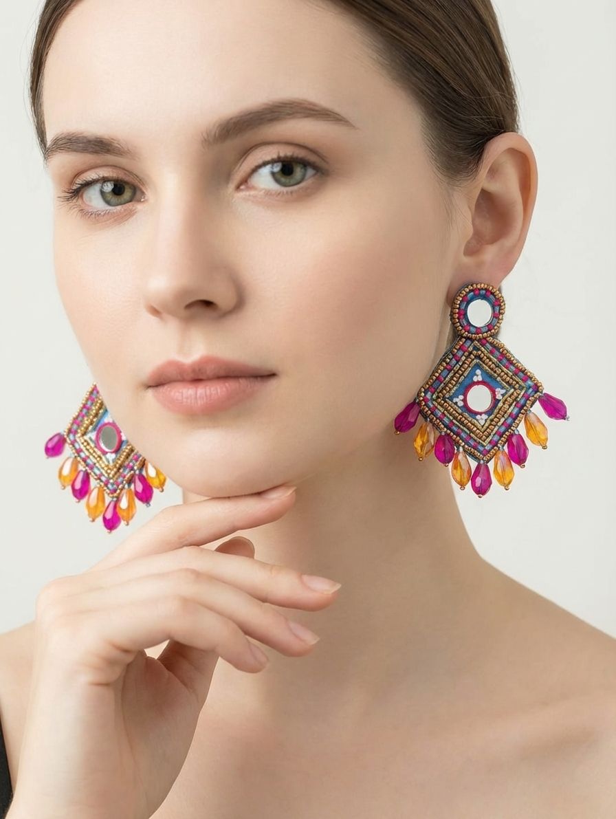 Festive Charm Handmade Pink-Peach Beaded Drop Earrings for Women and Girls