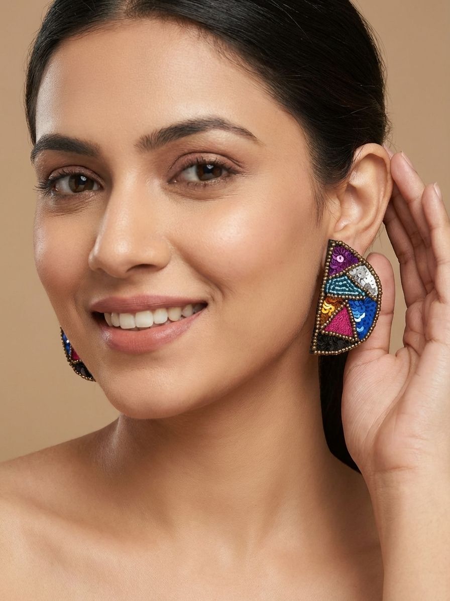 Ardh's Quirky Half-Moon Beaded Embroidery Earrings for Fashionistas