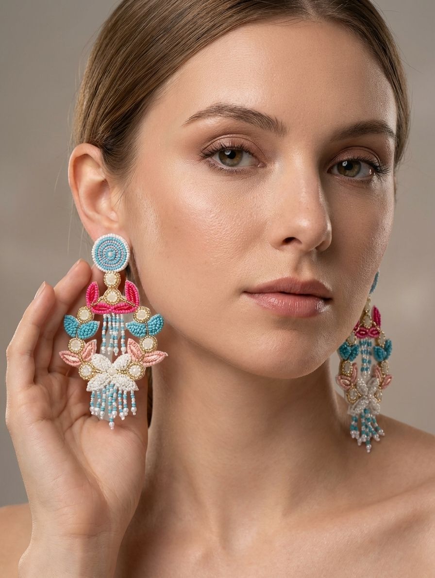 Roopali's Multicolor Handmade Chaandbaali Beaded Earrings for Women and Girls