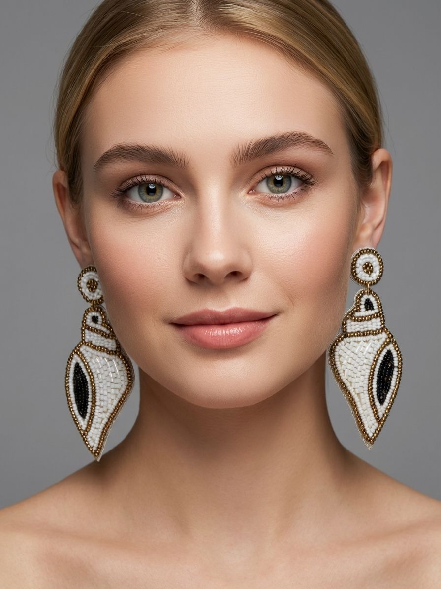 Sacred Conch Intricately Handcrafted White-Gold Beaded Earrings