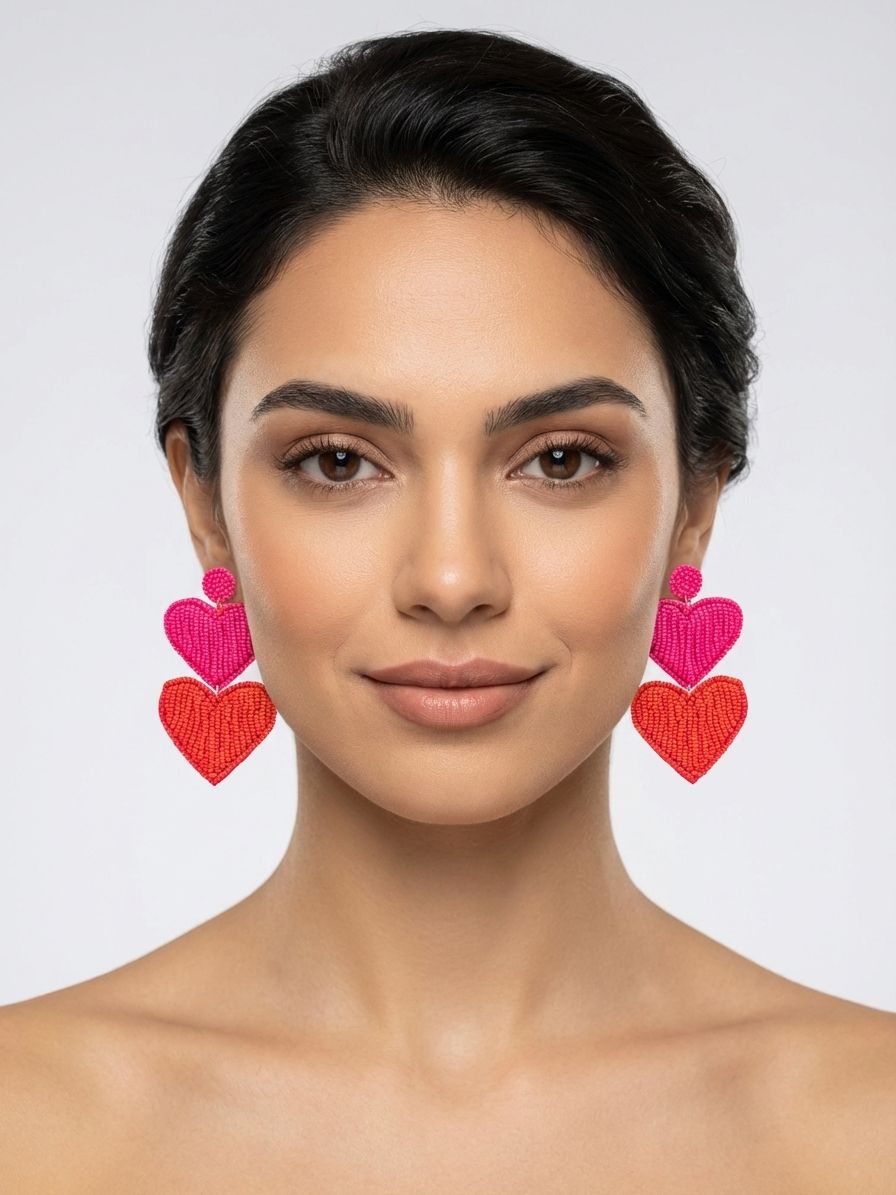 Lovely Red-Pink Beaded Double-Heart Earrings for Women - Perfect for Valentine's Day & Special Occasions