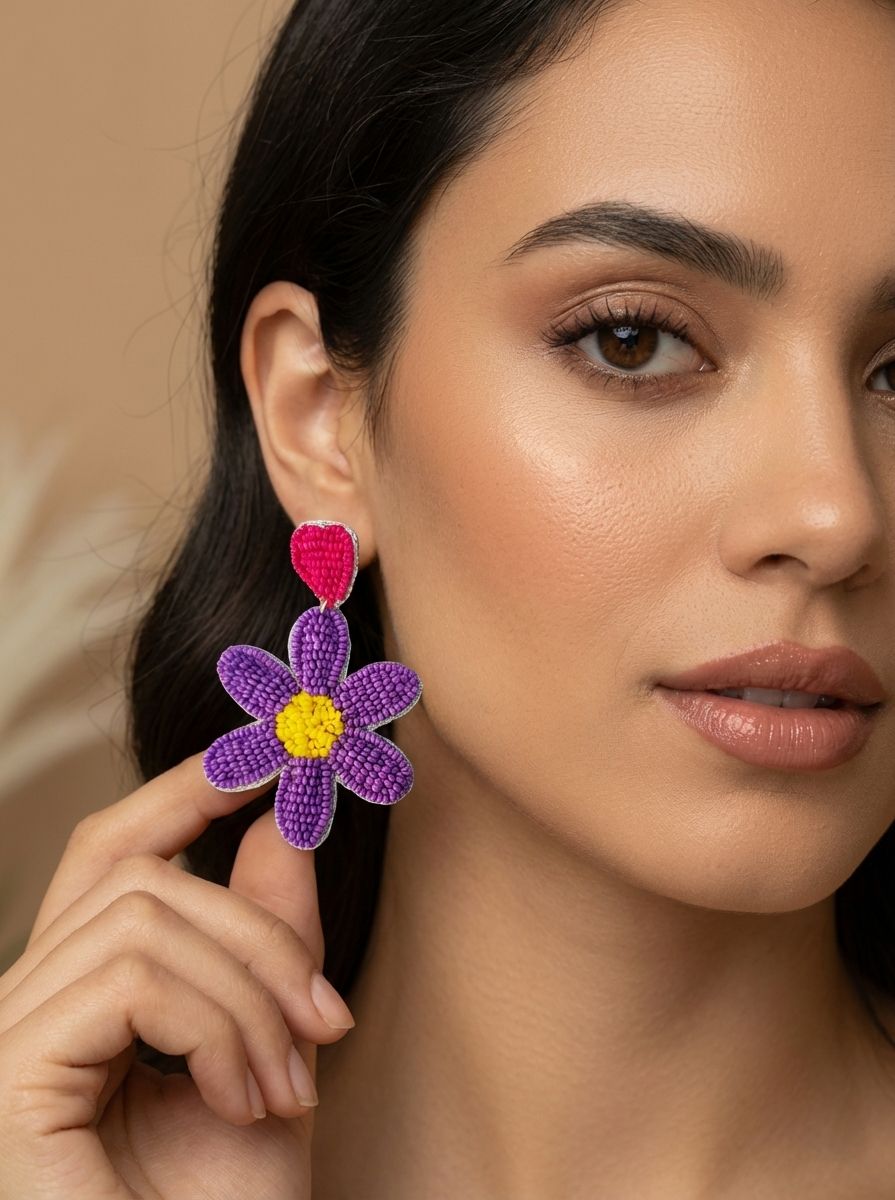 Handmade Lavender Bloom: Purple Beaded Floral Statement Earrings