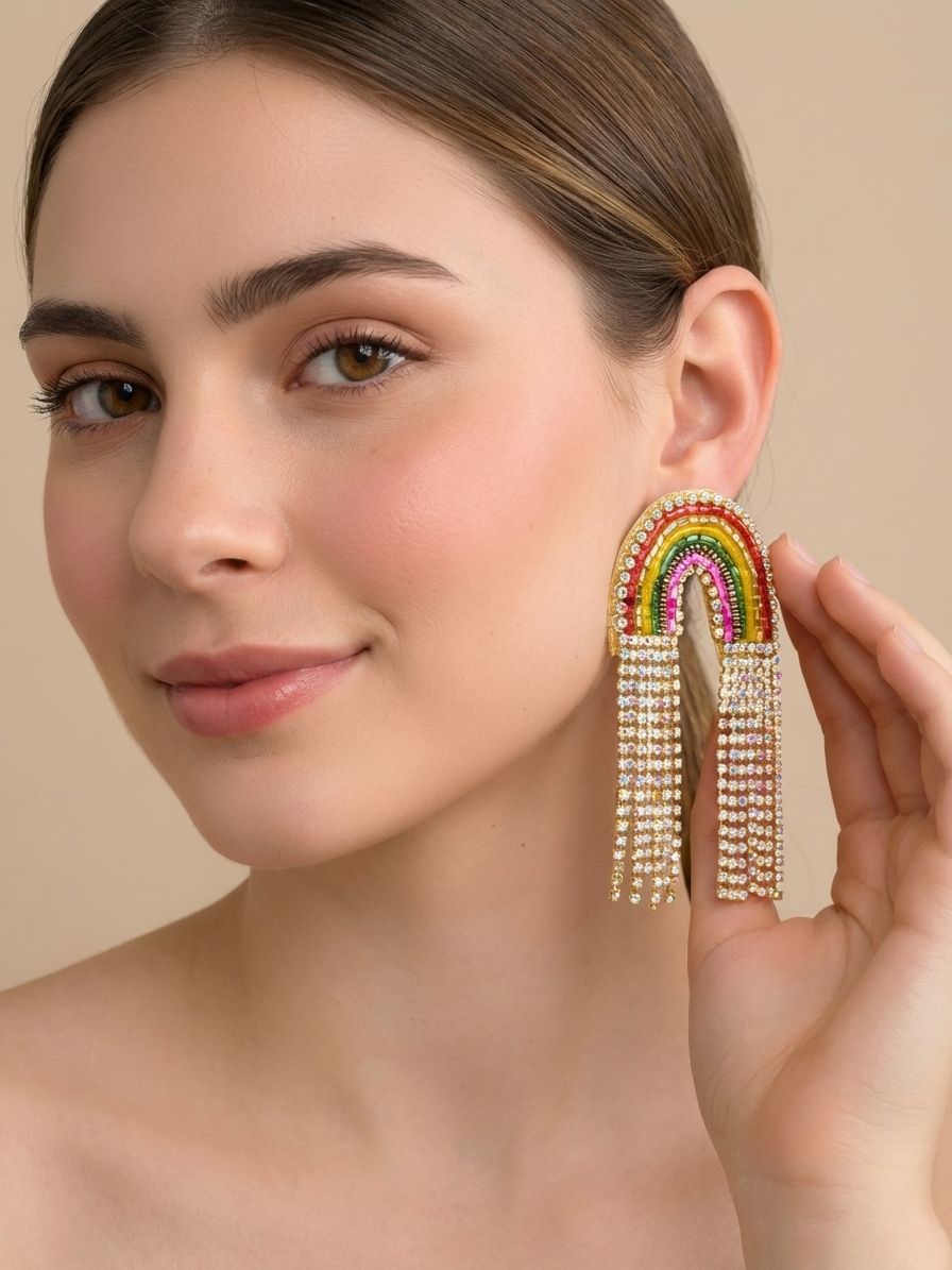 Vibrant Rainbow Beaded Handcraft - Chic Long Tassel Drop Earrings
