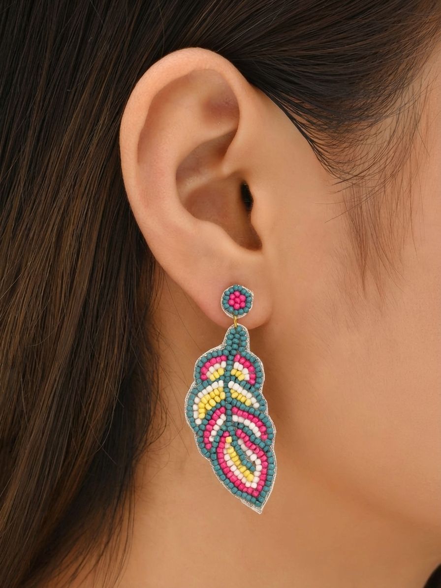 Leafy Allure: Handcrafted Multicolor Beaded Feather Earrings - A Vibrant Statement Piece for Women and Girls