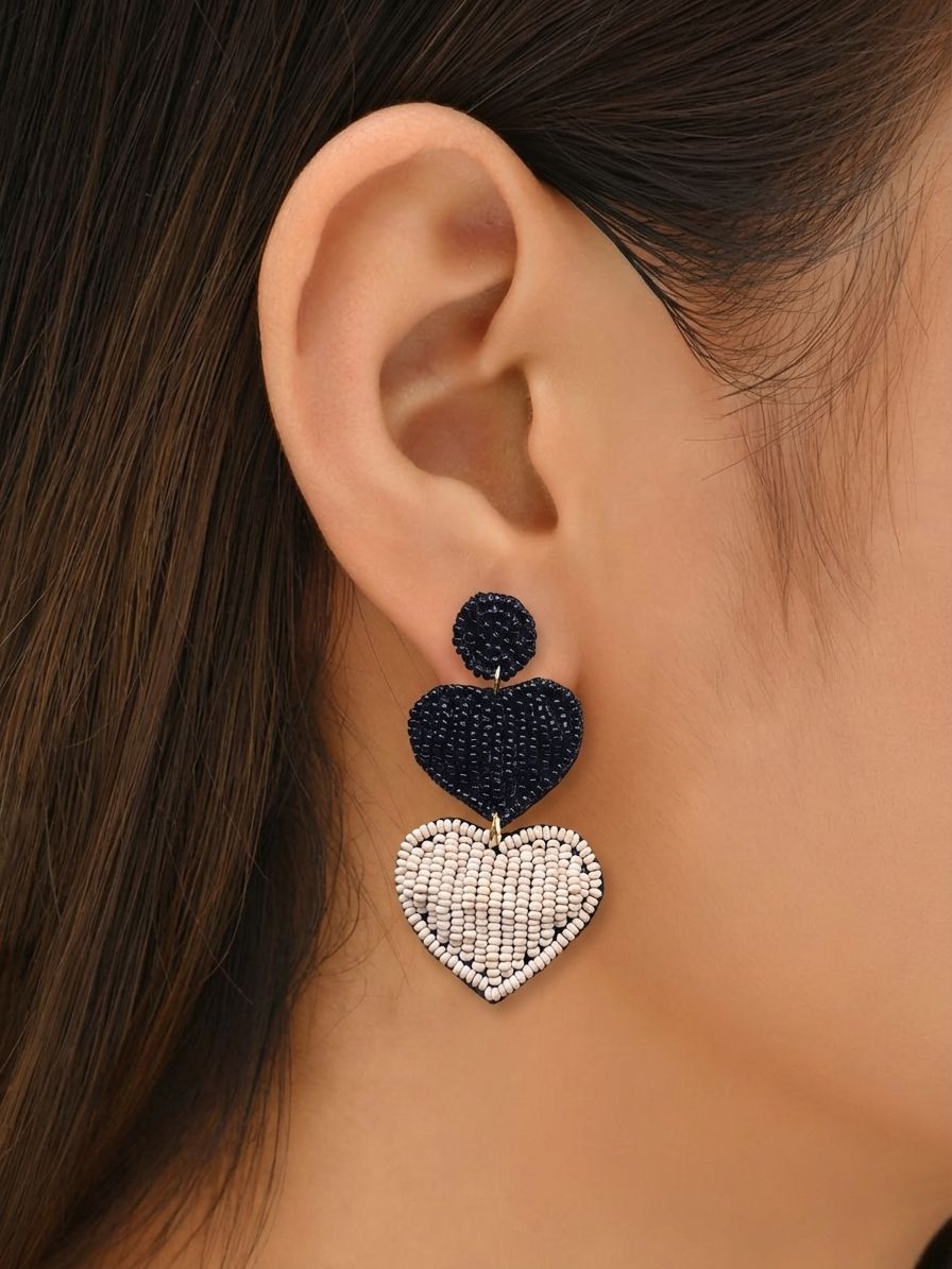 Handcrafted Black-Beige Beaded Heart Earrings: Chic Statement Jewellery for Women