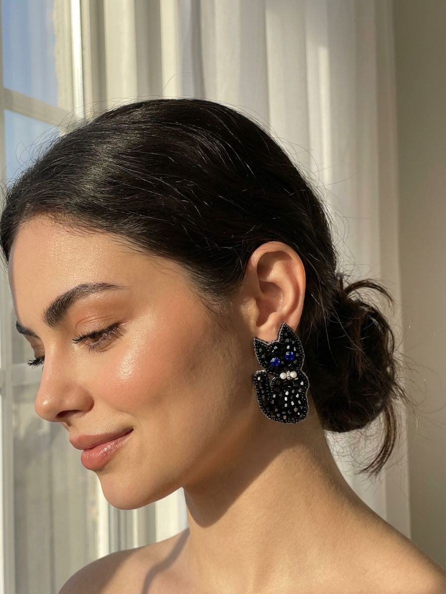 Charming Black Kitty Beaded Earrings: Handcrafted Fashion for Women and Girls